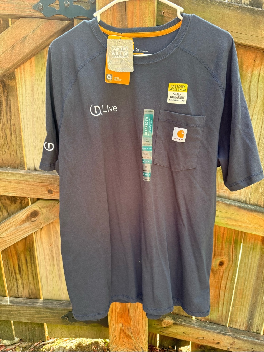 Carhartt Short Sleeve Pocket Tee in Navy with Orange Trim